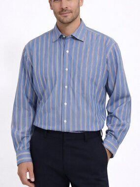 Saks Fifth Avenue Men Blue Striped Button Down Shirt Cotton Classic Large Preppy